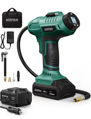 Picture of AstroAI Cordless Tire Inflator Air Compressor 20V Rechargeable Battery Powered 160PSI Portable Air Pump with 12V Car Power Adapter Digital Pressure Gauge for Cars Motorcycles JY16P160-18（C2）Green