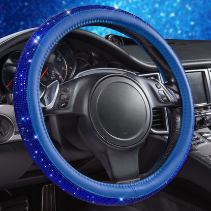Picture of CAR PASS Bling Diamond Leather Steering Wheel Cover, with Bling Sparkly Crystal Glitter Rhinestones Universal Fit 14" 1/2-15" Car Wheel Protect for Women Girl Fit Suvs,Vans,Sedans,Cars,Trucks, Blue