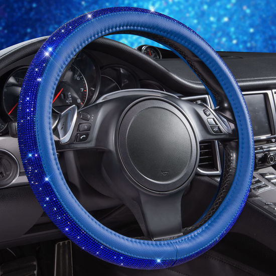 Picture of CAR PASS Bling Diamond Leather Steering Wheel Cover, with Bling Sparkly Crystal Glitter Rhinestones Universal Fit 14" 1/2-15" Car Wheel Protect for Women Girl Fit Suvs,Vans,Sedans,Cars,Trucks, Blue