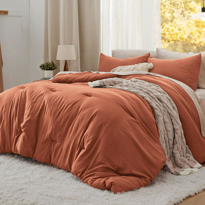 Picture of Bedsure King Size Comforter Set, Burnt Orange Soft Prewashed Bedding for All Seasons, 3 Pieces Warm Down Alternative Bed Set, 1 Lightweight Comforter (104"x90") and 2 Pillowcases (20"x36")