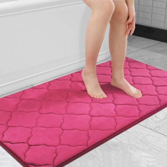 Picture of OLANLY Memory Foam Bath Mat Rug 44x24, Ultra Soft Non Slip and Absorbent Bathroom Rug, Machine Wash Dry, Comfortable, Thick Bath Rug Carpet for Bathroom Floor, Tub and Shower, Deep Pink