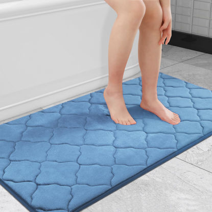 Picture of OLANLY Memory Foam Bath Mat Rug 47x24, Large Size Ultra Soft Non Slip and Absorbent Bathroom Rug, Machine Wash Dry, Comfortable, Thick Bath Rug Carpet Runner for Bathroom Floor, Tub and Shower, Blue