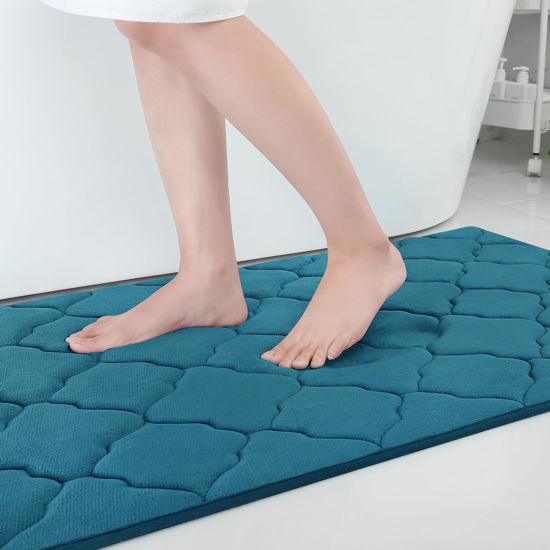 Picture of OLANLY Memory Foam Bath Mat Rug 70x24, Ultra Soft Non Slip and Absorbent Bathroom Rug, Machine Wash Dry, Comfortable, Thick Bath Rug Carpet for Bathroom Floor, Tub and Shower, Peacock Blue