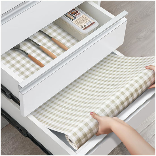 Picture of ALIUNI Drawer and Shelf Liner, Non-Slip Kitchen Cabinet Liners Non-Adhesive Thick Strong Grip Waterproof Washable Mats Protect Dresser Shelves Cupboard Bathroom Cabinets, Green Plaid, 18 in X 30 FT