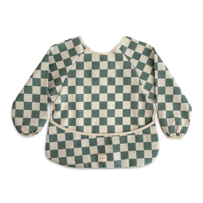 Picture of mushie Long Sleeve Baby Bib | Mess Free & Waterproof Fabric for Toddlers | Adjustable Fit for Ages 6-24 Months (Olive Check)