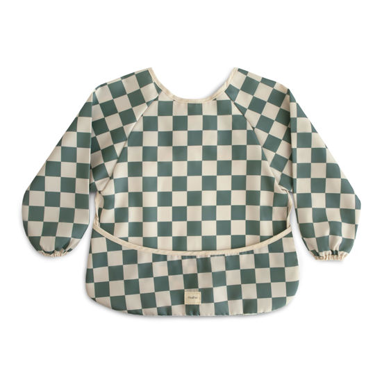 Picture of mushie Long Sleeve Baby Bib | Mess Free & Waterproof Fabric for Toddlers | Adjustable Fit for Ages 6-24 Months (Olive Check)