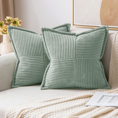Picture of MIULEE Corduroy Pillow Covers with Splicing Set of 2 Super Soft Couch Pillow Covers Broadside Striped Decorative Spring Textured Throw Pillows for Cushion Bed Livingroom 18x18 inch, Greyish Green