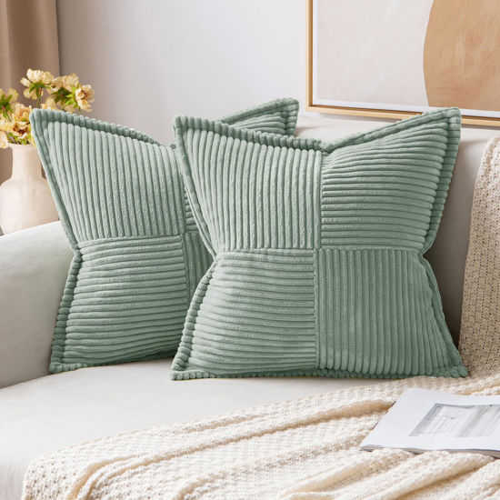 Picture of MIULEE Corduroy Pillow Covers with Splicing Set of 2 Super Soft Couch Pillow Covers Broadside Striped Decorative Spring Textured Throw Pillows for Cushion Bed Livingroom 18x18 inch, Greyish Green