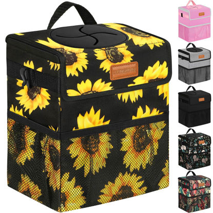 Picture of ELONGRIVER Car Trash Can for Car with Lid Leak Proof, Cute Car Can Trash Bag Hanging, Vehicle Trash Can for SUV Truck Van, Car Garbage Can for Back Front Seat Sunflower Floral