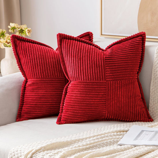 Picture of MIULEE Red Corduroy Pillow Covers with Splicing Set of 2 Super Soft Boho Striped Pillow Covers Broadside Decorative Textured Throw Pillows for Couch Cushion Livingroom 20x20 inch