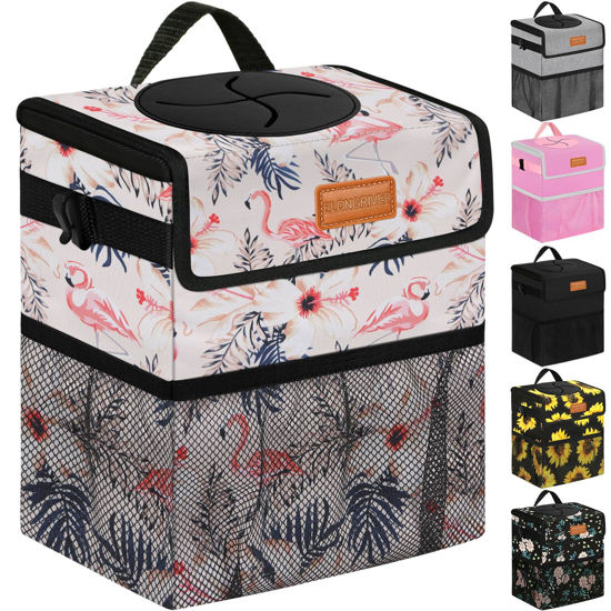 Picture of ELONGRIVER Car Trash Can Bin for Car Back Seat Leak Proof, Cute Car Trash Bag Hanging, Vehicle Trash Can for SUV Truck Van, Automotive Car Garbage Cans Front Seat Flamingos