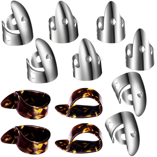 Picture of Shappy 12 Pcs Steel Finger Picks Set, Including Stainless Steel Finger and Thumb Picks, Metal Adjustable Bass Guitar Accessories for Guitar Banjos(Stylish Style)