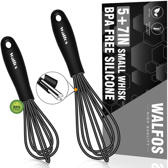 Picture of Walfos Whisk 5+7inch Mini Whisk,Silicone Whisk Non Scratch Heat Resistant (480°F). Nice for stirring individual eggs and mixing small amounts of powder and sauce.Bpa Free and Dishwasher Safe.Black