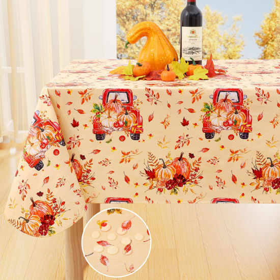 Picture of Smiry Fall Rectangle Table Cloth, Waterproof Vinyl Tablecloth with Flannel Backing, Wipeable Autumn Pumpkin Truck Plastic Tablecloths for Harvest and Thanksgiving Parties, 60"x102", Yellow