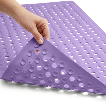 Picture of Gorilla Grip Patented Bath Tub Shower Mat, 35x16 Washable Bathtub Floor Mats, Suction Cups and Drain Holes to Keep Tubs Clean, Purple Opaque