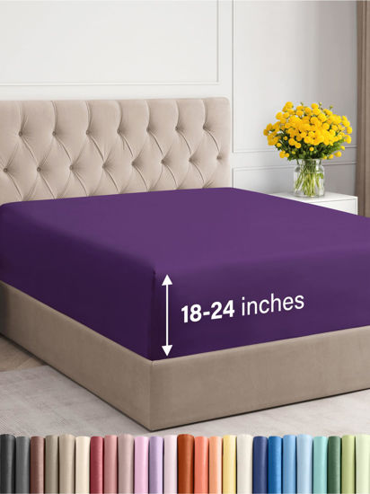 Picture of Extra Deep Twin XL Fitted Sheet - Hotel Luxury Single Fitted Sheet Only - Easily Fits 18 inch to 24 inch Mattress - Soft, Wrinkle Free, Breathable & Comfy - Extra Deep Pockets - Purple Fitted Sheet