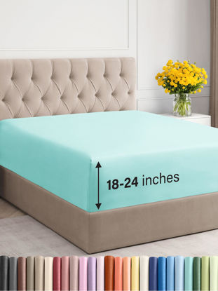 Picture of Extra Deep Twin Fitted Sheet - Hotel Luxury Single Fitted Sheet Only - Sheet Easily Fits 18 inch to 24 inch Mattress - Soft, Wrinkle Free, Breathable And Comfy Extra Deep Pockets Spa Blue Fitted Sheet