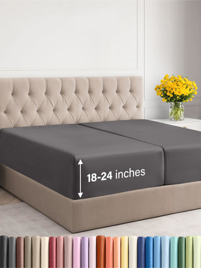 Picture of Extra Deep Split King Fitted Sheet - Hotel Luxury Single Fitted Sheet Only - Easily Fits 18 inch to 24 inch Mattress - Soft, Wrinkle Free, Breathable & Comfy Extra Deep Pockets Dark Grey Fitted Sheet