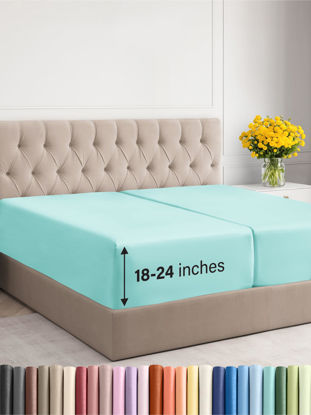 Picture of Extra Deep Split King Fitted Sheet - Hotel Luxury Single Fitted Sheet Only - Easily Fits 18 inch to 24 inch Mattress - Soft, Wrinkle Free, Breathable & Comfy Extra Deep Pockets Spa Blue Fitted Sheet