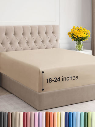 Picture of Extra Deep Twin Fitted Sheet - Hotel Luxury Single Fitted Sheet Only - Twin Sheet Easily Fits 18 inch to 24 inch Mattress - Soft, Wrinkle Free, Breathable & Comfy Extra Deep Pockets Cream Fitted Sheet