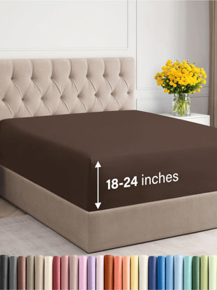 Picture of Extra Deep King Fitted Sheet - Hotel Luxury Single Fitted Sheet Only - King Sheet Easily Fits 18 inch to 24 inch Mattress - Soft, Wrinkle Free, Breathable & Comfy Extra Deep Pockets Brown Fitted Sheet