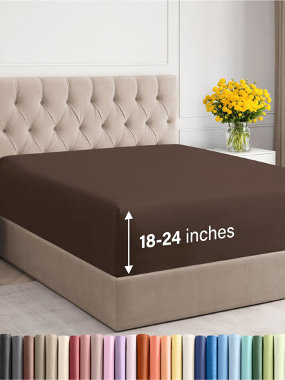 Picture of Extra Deep King Fitted Sheet - Hotel Luxury Single Fitted Sheet Only - King Sheet Easily Fits 18 inch to 24 inch Mattress - Soft, Wrinkle Free, Breathable & Comfy Extra Deep Pockets Brown Fitted Sheet