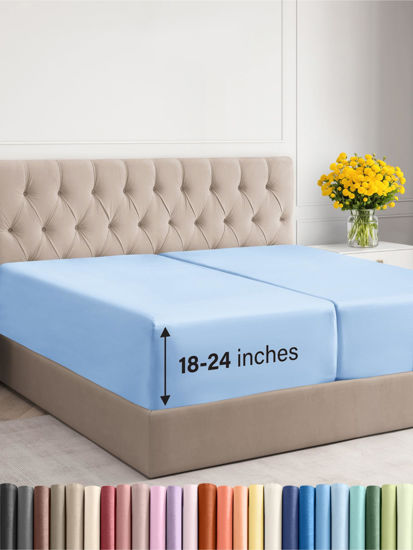 Picture of Extra Deep Split King Fitted Sheet - Hotel Luxury Single Fitted Sheet - Easily Fits 18 inch to 24 inch Mattress - Soft, Wrinkle Free, Breathable & Comfy - Extra Deep Pockets - Light Blue Fitted Sheet