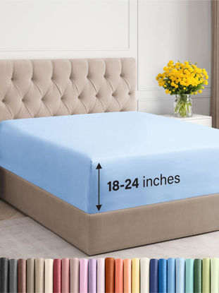 Picture of Extra Deep Cal King Fitted Sheet - Hotel Luxury Single Fitted Sheet Only - Easily Fits 18 inch to 24 inch Mattress - Soft, Wrinkle Free, Breathable & Comfy Extra Deep Pockets Light Blue Fitted Sheet