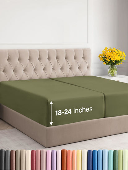 Picture of Extra Deep Split King Fitted Sheet - Hotel Luxury Single Fitted Sheet - Easily Fits 18 inch to 24 inch Mattress - Soft, Wrinkle Free, Breathable and Comfy - Extra Deep Pockets Sage Green Fitted Sheet
