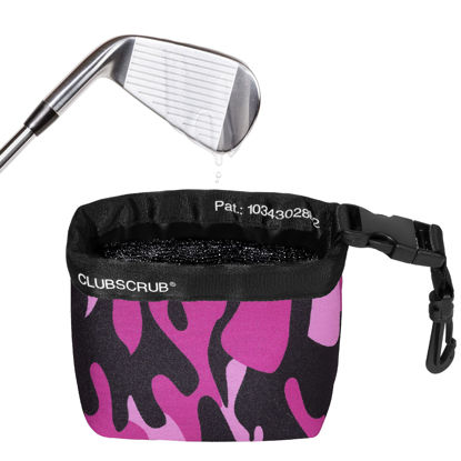 Picture of Club Scrub Golf Club and Golf Ball Cleaning Bag, Waterproof Clean Face Technology Liner, Perfectly Dry Neoprene Exterior, Detachable Clip, Machine Washable, Cleans Club Grooves, Pink Camo