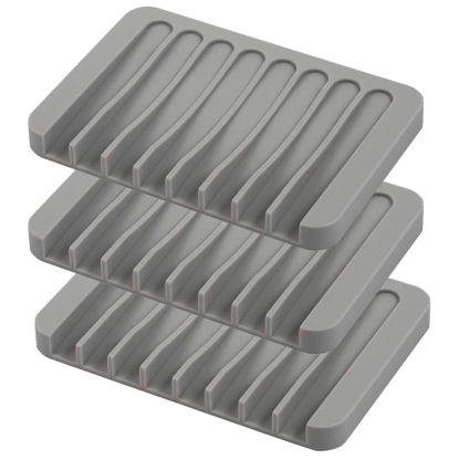 Picture of Self Draining Soap Dishes, 3 Pcs Silicone Soap Saver, Waterfall Drainer Soap Holder for Bathroom, Extend Soap Life, Keep Soap Bars Dry Clean & Easy Cleaning (Gray)