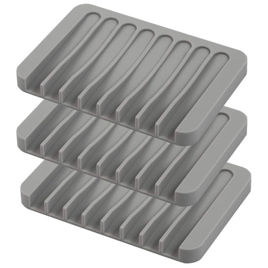 Picture of Self Draining Soap Dishes, 3 Pcs Silicone Soap Saver, Waterfall Drainer Soap Holder for Bathroom, Extend Soap Life, Keep Soap Bars Dry Clean & Easy Cleaning (Gray)