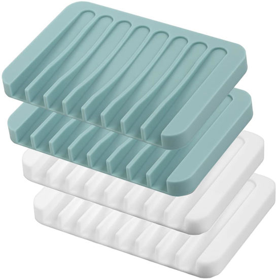 Picture of 4PCS Self Draining Soap Holder, Premium Silicone Soap Dish, Waterfall Drainer Soap Saver for Bathroom, Kitchen, Bath Tub, Extend Soap Life, Keep Soap Bars Dry Easy Clean (White & Teal)