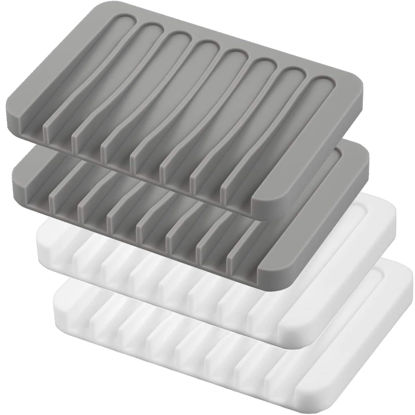 Picture of Self Draining Soap Dishes, 4 Pcs Silicone Soap Saver, Waterfall Drainer Soap Holder for Bathroom, Extend Soap Life, Keep Soap Bars Dry Clean & Easy Cleaning (White & Grey)