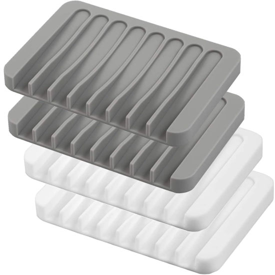 Picture of Self Draining Soap Dishes, 4 Pcs Silicone Soap Saver, Waterfall Drainer Soap Holder for Bathroom, Extend Soap Life, Keep Soap Bars Dry Clean & Easy Cleaning (White & Grey)