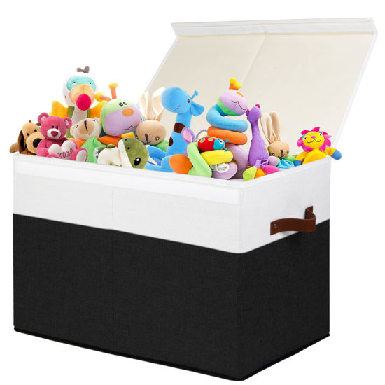 Picture of Large Toy Storage Box with Lid, Sturdy Toys Storage Chest Bin Organizer Basket with Dividers for Kids, Boys, Girls, Nursery, Closet, Bedroom, Playroom 25"x13" x16" (Black and White)