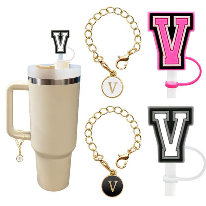 Picture of （2+2）2PCS Straw Cover for Stanley Cup 30&40 Oz 10mm Straw Topper with 2PCS Stanley Cup Accessories Letter Charms Name ID Initial Letter Handle Personalized Charm For Stanley Tumbler (Letter V)