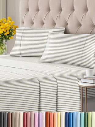 Picture of Twin 4 Piece Sheet Set - Breathable & Cooling Sheets - Hotel Luxury Bed Sheets - 1 Flat Sheet, 1 Fitted Sheet & 2 Pillowcases - Deep Pocket - Easy Fit, Soft & Wrinkle Free - Twin Beige Stripes Sheets