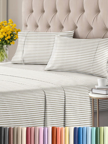 Picture of Twin 4 Piece Sheet Set - Breathable & Cooling Sheets - Hotel Luxury Bed Sheets - 1 Flat Sheet, 1 Fitted Sheet & 2 Pillowcases - Deep Pocket - Easy Fit, Soft & Wrinkle Free - Twin Beige Stripes Sheets