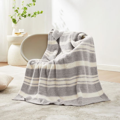Picture of Snuggle Sac Grey Stripe Knitted Throw Blanket for Couch, Reversible Super Soft Warm Blankets Cozy Knit Fuzzy Plush Lightweight Throws for Sofa, Bed, Stripe Grey, 50 x 60 inches