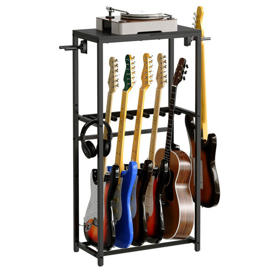 Picture of MAHANCRIS Guitar Stand for Acoustic Holder, Electric Guitar, Bass, Ukulele, Multiple Guitar Rack Holder, Floor Adjustable for Guitars, Guitar Amp Accessories, for Home Music Studio, Black GSHB6501