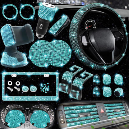 Picture of NBTEPEM 27 PCs Aquamrine Bling Car Accessories Set for Women, Bling Steering Wheel Covers Universal Fit 15 Inch, Bling License Plate Frame, Bling Phone Holder, Bling Car Coasters (Aquamrine Diamond)