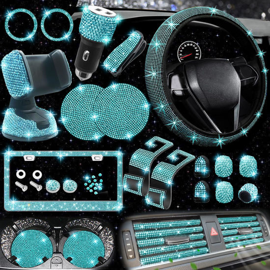 Picture of NBTEPEM 27 PCs Aquamrine Bling Car Accessories Set for Women, Bling Steering Wheel Covers Universal Fit 15 Inch, Bling License Plate Frame, Bling Phone Holder, Bling Car Coasters (Aquamrine Diamond)