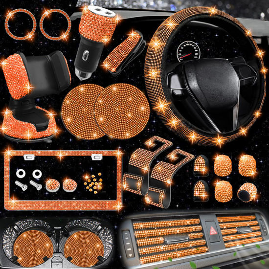 Picture of NBTEPEM 27 PCs Orange Bling Car Accessories Set for Women, Bling Steering Wheel Covers Universal Fit 15 Inch, Bling License Plate Frame, Bling Phone Holder, Bling Car Coasters (Orange Diamond)