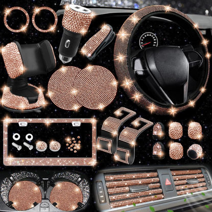 Picture of NBTEPEM 27 PCs Gold Champagne Bling Car Accessories Set for Women, Bling Steering Wheel Covers Universal Fit 15 Inch, Bling License Plate Frame, Bling Phone Holder, Bling Car Coasters