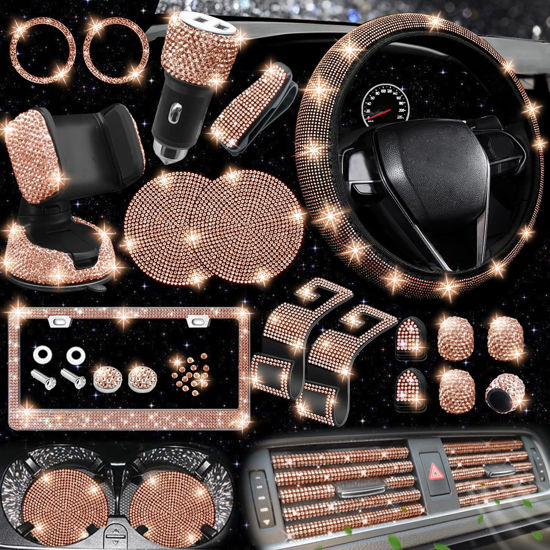 Picture of NBTEPEM 27 PCs Gold Champagne Bling Car Accessories Set for Women, Bling Steering Wheel Covers Universal Fit 15 Inch, Bling License Plate Frame, Bling Phone Holder, Bling Car Coasters