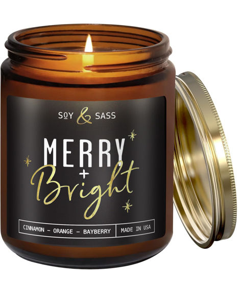Picture of Christmas Candles Scented - ‘Merry & Bright’ Soy Christmas Candle, w/Cranberries, Cinnamon & Orange - Infused with Essential Oils I Holiday Candles I 9oz, 50Hr, Made in USA