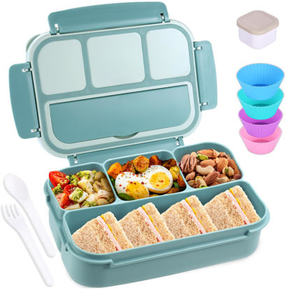 Picture of shell and turtle Bento Box Adult Lunch Box, Lunch Containers for Kids Girls Boys with 4 Compartments, Lunchable Food Container with Utensils, Sauce Jar, Muffin Liners, 40 Oz/5 Cup, Light Teal