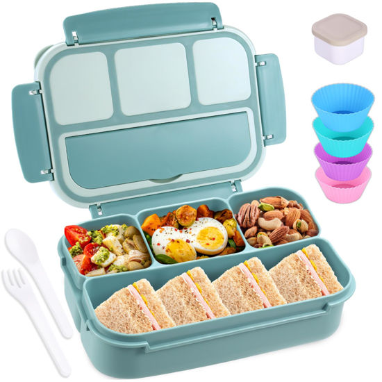 Picture of shell and turtle Bento Box Adult Lunch Box, Lunch Containers for Kids Girls Boys with 4 Compartments, Lunchable Food Container with Utensils, Sauce Jar, Muffin Liners, 40 Oz/5 Cup, Light Teal