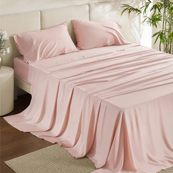 Picture of Bedsure King Size Sheet Sets, Cooling Sheets for Hot Sleepers, Rayon Derived from Bamboo, Breathable & Soft Deep Pocket Up to 16 Inches, Hotel Luxury Silky Bedding, Bedsheet & Pillowcases, Pink